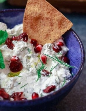 Cranberry and Herb Labneh Recipe | The Mediterranean Dish. Creamy labneh cheese makes the perfect Mediterranean party dip with loads of fresh herbs and dried cranberries. This labneh recipe comes with a homemade pita chips recipe as well! So easy. See it on TheMediterraneanDish.com