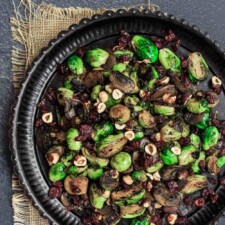 Olive Oil Fried Brussels Sprouts with Mushrooms and Cranberries