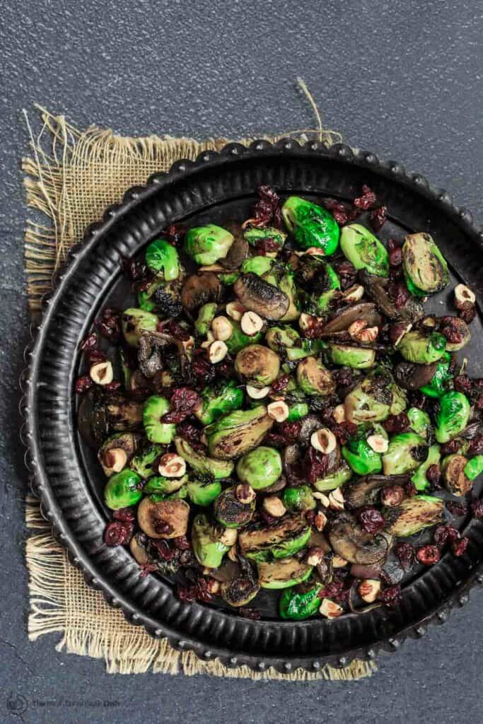 Olive Oil Fried Brussels Sprouts with Mushrooms and Cranberries The