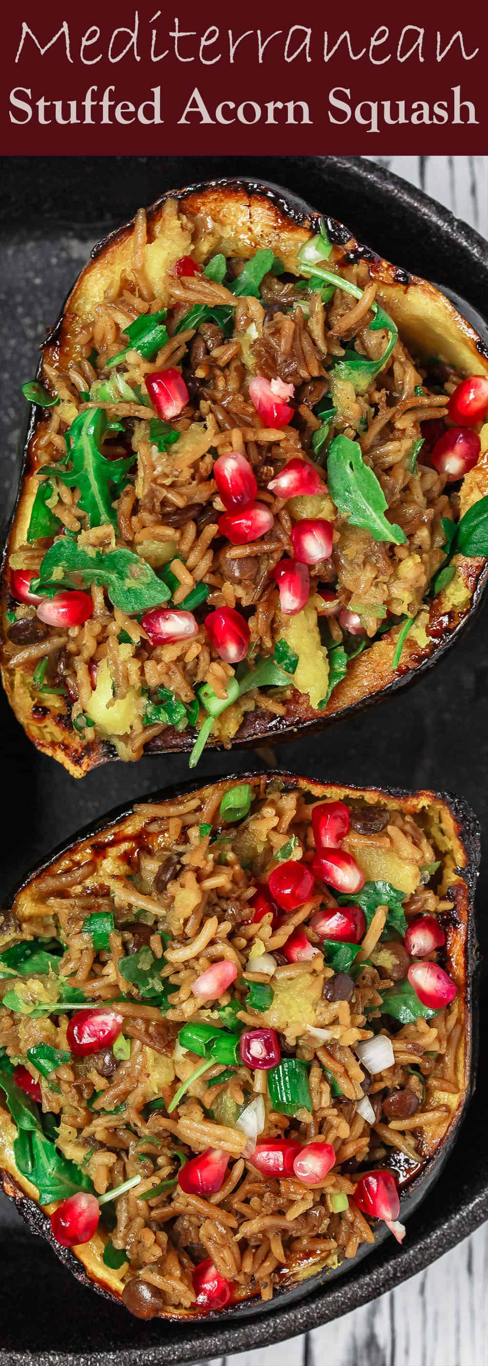 Mediterranean Style Stuffed Acorn Squash Recipe | The Mediterranean Dish.Simple all-start stuffed acorn squash recipe! Prepared Mediterranean-style with an easy rice and lentil pilaf mixture with fresh herbs and pomegranate seeds. A major shortcut makes all the difference! See the recipe on TheMediterraneanDish.com #acornsquash #mediterraneanrecipe #roastedsquash #squashrecipe #thanksigivingdinner