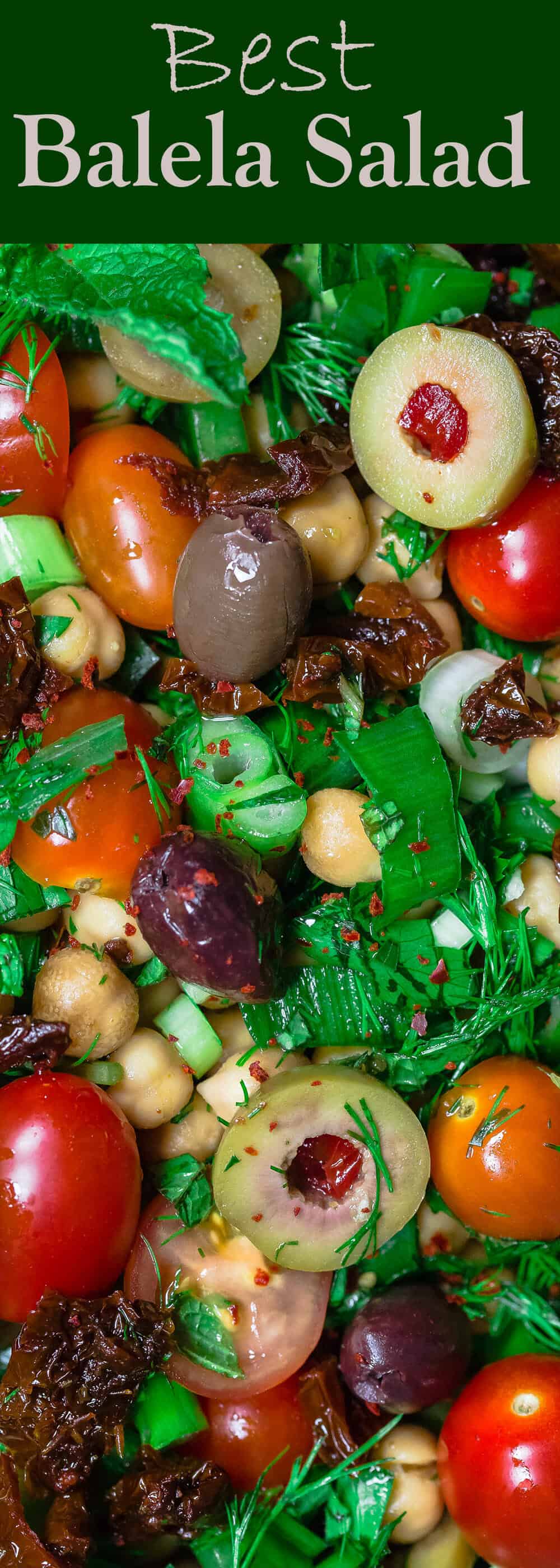 Balela Salad Recipe | The Mediterranean Dish. Bright, flavor-packed Mediterranean chickpea salad with chopped veggies, lots of herbs, and favorites like olives and sun-dried tomatoes. A zesty dressing brings it all together! A simple recipe from TheMediterraneanDish.com #balela #chickpeasalad #mediterraneanfood #mediterraneanrecipe