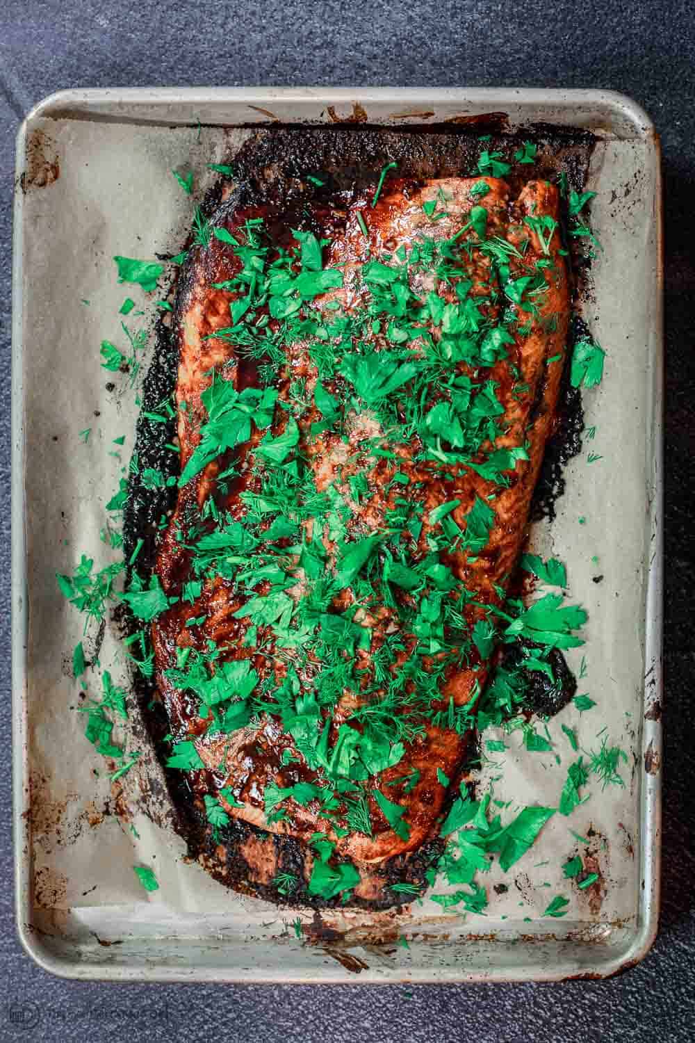 Fillet of Baked Salmon on a cooking sheet