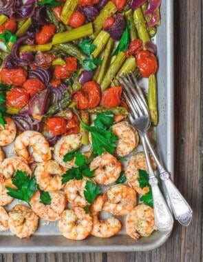 Baked shrimp on a sheet pan served Mediterranean style