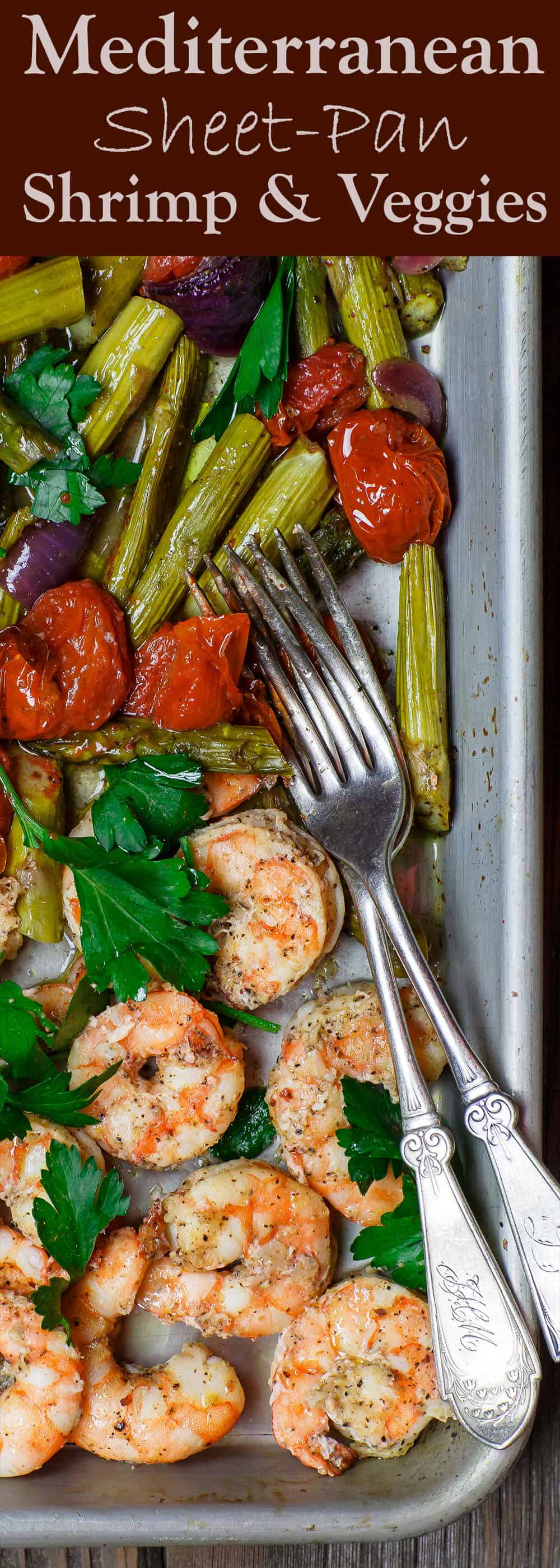 Mediterranean Sheet Pan Shrimp and Veggies | The Mediterranean Dish. Easy, quick baked shrimp with veggies, all dressed in a Mediterranean citrus-ginger sauce. Ready in 25 minutes! From TheMediterraneanDish.com #shrimp #mediterranean #mediterraneandiet #easyrecipe #onepanmeal #sheetpandinner #seafood #healthyrecipes #whole30 #glutenfree