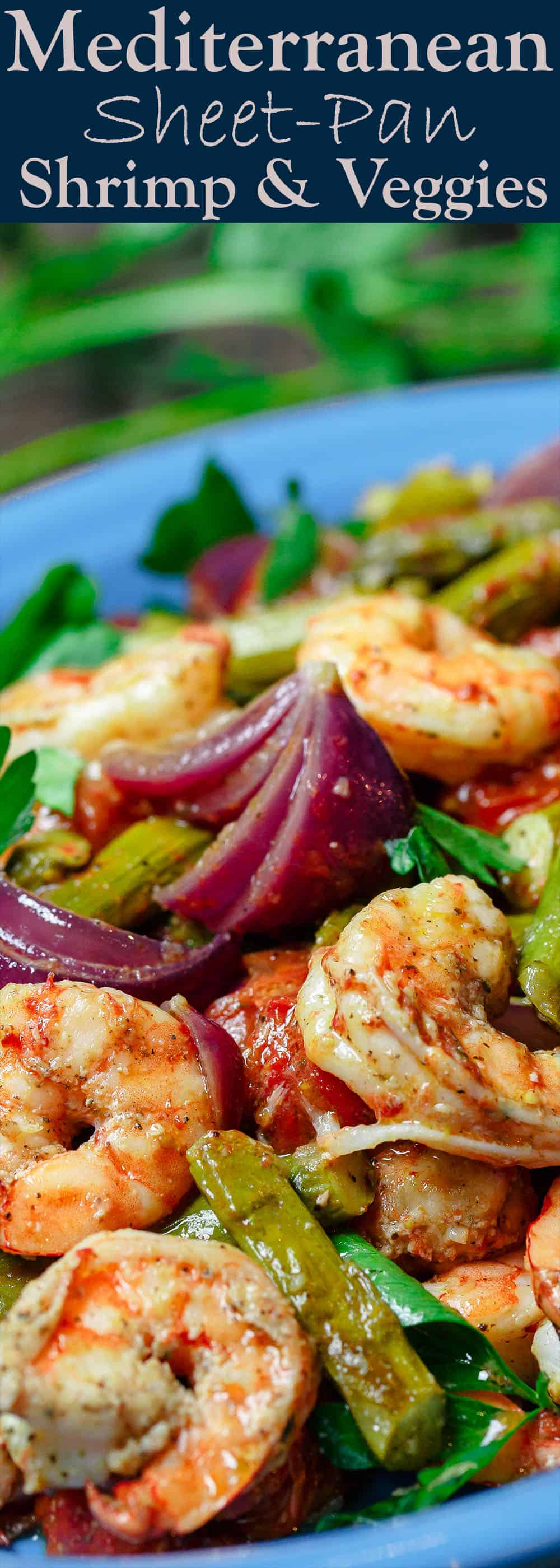 Mediterranean Sheet Pan Shrimp and Veggies | The Mediterranean Dish. Easy, quick baked shrimp with veggies, all dressed in a Mediterranean citrus-ginger sauce. Ready in 25 minutes! From TheMediterraneanDish.com #shrimp #mediterranean #mediterraneandiet #easyrecipe #onepanmeal #sheetpandinner #seafood #healthyrecipes #whole30 #glutenfree