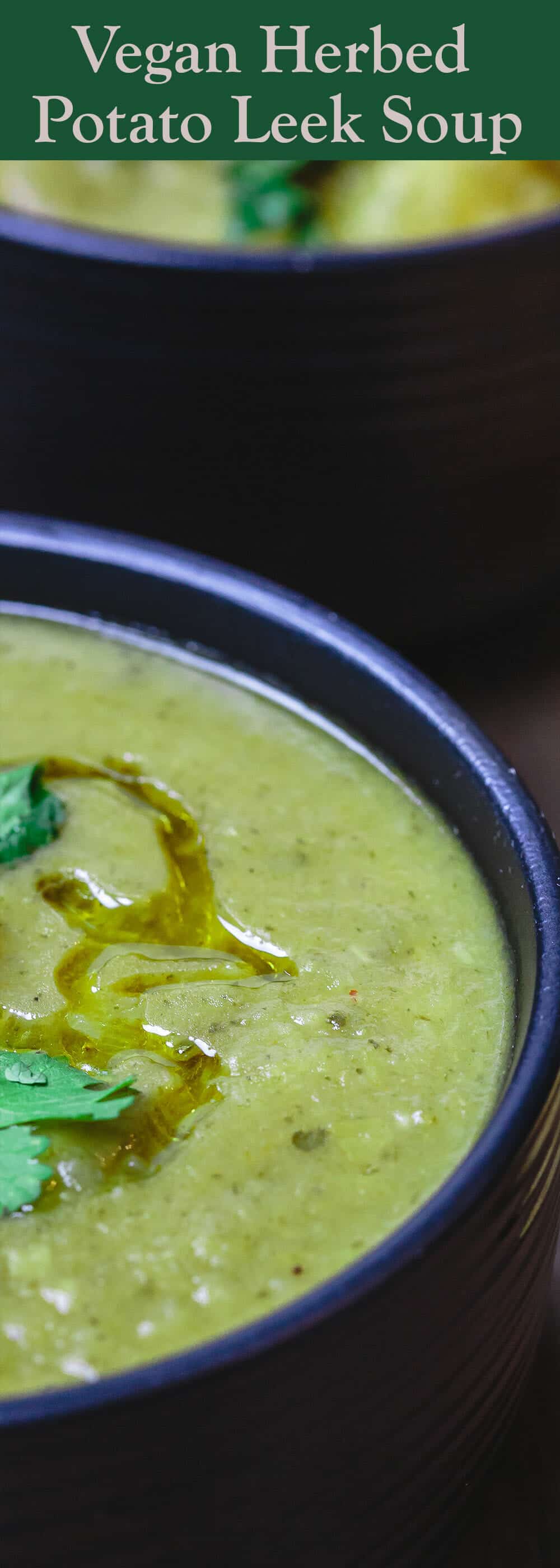 Vegan Potato Leek Soup | The Mediterranean Dish. Warm, rustic vegan potato leek soup, prepared Mediterranean style with garlic, cilantro (or other fresh herbs), and great spices! Not your average potato leek soup! on TheMediterraneanDish.com #soup #veganfood #potatosoup #potatoleeksoup #veganrecipes #glutenfreesoup #glutenfreefood #glutenfreelife #mediterraneanfood #mediterraneandiet #mediterraneanrecipes #onepotdinner #easyrecipes