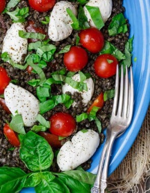 Caprese Lentil Salad Recipe | The Mediterranean Dish. A satisfying, hearty caprese salad on top of a bed of creamy black lentils. This caprese lentil salad recipe is the perfect side, appetizer, or even lunch. From TheMediterranenaDish.com #capresesalad #lentilsalad #mediterraneandiet #lentils #lentilrecipe #caprese #saladrecipe #mediterraneanfood #healthyrecipes #glutenfreerecipes #vegetarianrecipes