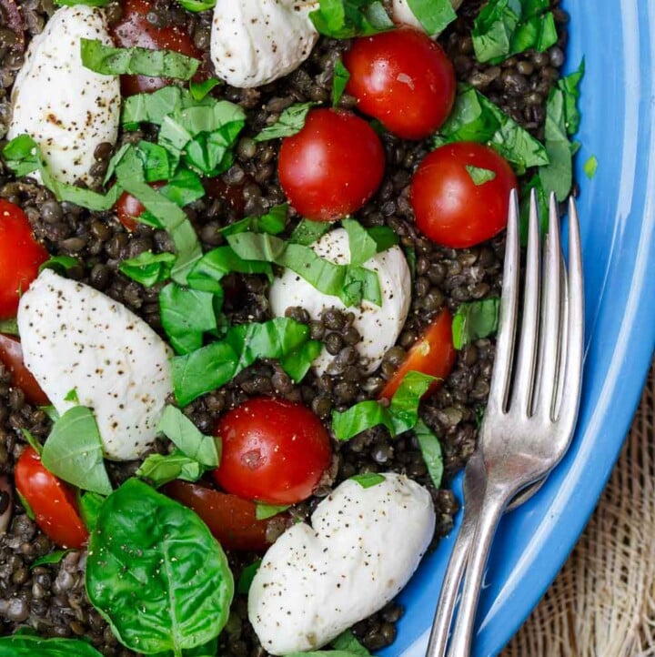 Caprese Lentil Salad Recipe | The Mediterranean Dish. A satisfying, hearty caprese salad on top of a bed of creamy black lentils. This caprese lentil salad recipe is the perfect side, appetizer, or even lunch. From TheMediterranenaDish.com #capresesalad #lentilsalad #mediterraneandiet #lentils #lentilrecipe #caprese #saladrecipe #mediterraneanfood #healthyrecipes #glutenfreerecipes #vegetarianrecipes