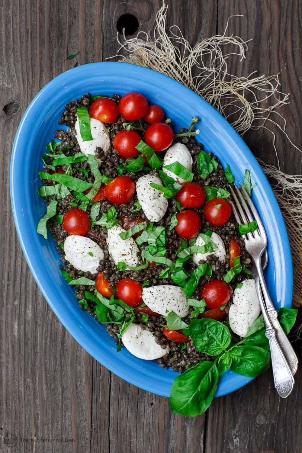 Salad with lentils, tomatoes and mozzarella cheese ready to be served