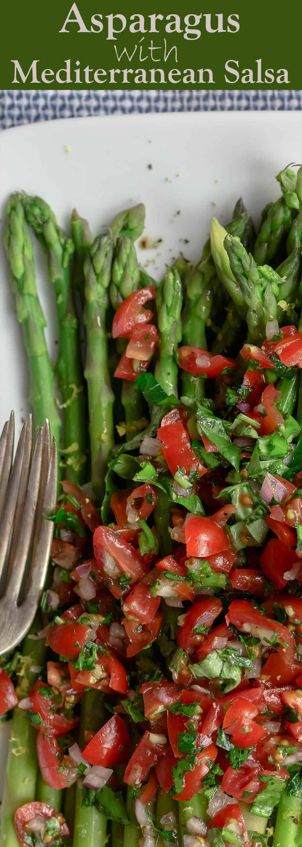 Easy Asparagus Recipe with Mediterranean Salsa | The Mediterranean Dish. Give asparagus a quick blanch, then top with this amazing Mediterranean salsa. Tons of flavor and texture! Serve as an appetizer, side, or Asparagus salad! Recipe from TheMediterraneanDish.com #asparagus #asparagusrecipe #mediterraneandiet #mediterraneanrecipe #mediterranean #mediterraneanfood #glutenfreerecipe #easyrecipe #sidedish #mediterraneansalad #healthyrecipes #veganrecipes