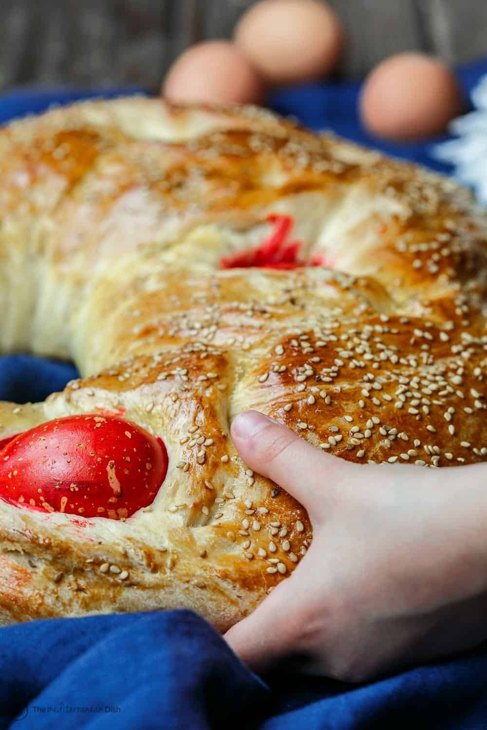 Greek Easter Bread garnished with sesame seeds