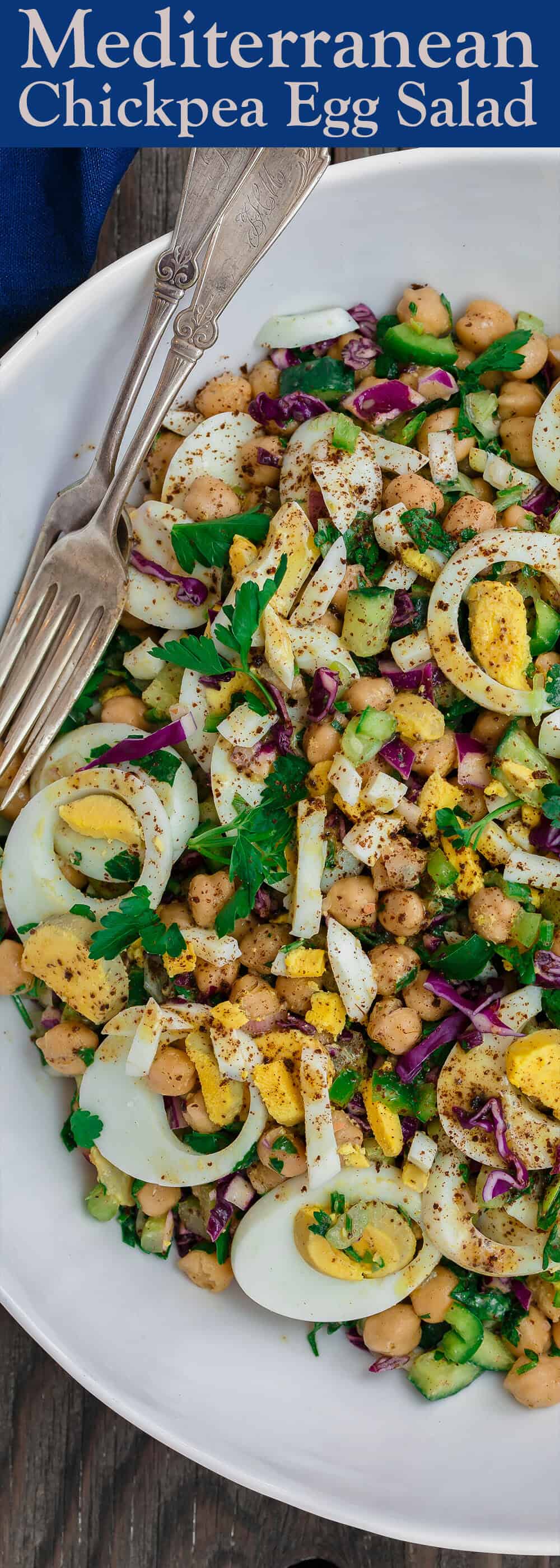 Mediterranean Chickpea Egg Salad Recipe | The Mediterranean Dish. A simple, satisfying egg salad prepared Mediterranean style with fresh veggies, herbs, and a zesty dressing! From TheMediterraneanDish.com #mediterraneandiet #mediterranean #chickpeasalad #eggsalad #nomayo #salad #chickpeas #glutenfreerecipe #vegetarianrecipe