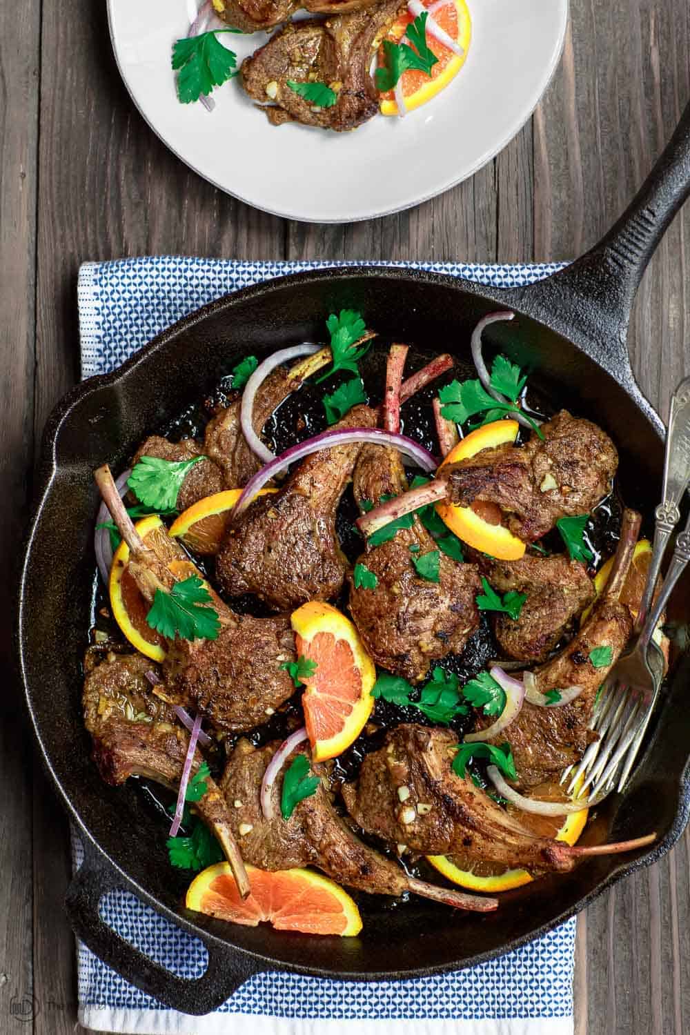 Lamb chops, seared in cast iron skillet