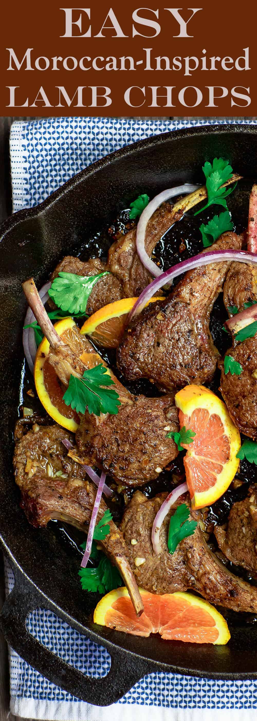 Orange Harissa Lamb Chops Recipe | The Mediterranean Dish. Quick pan-seared and flavor-packed lamb chops with a special Mediterranean spice rub and an orange-garlic marinade. So little work goes into these lamb chops, but they are the BEST! See them on TheMediterraneanDish.com #lamb #lambchops #Mediterraneanfood #moroccanfood #easyrecipe #onepan #onpot #mediterraneandiet #meat