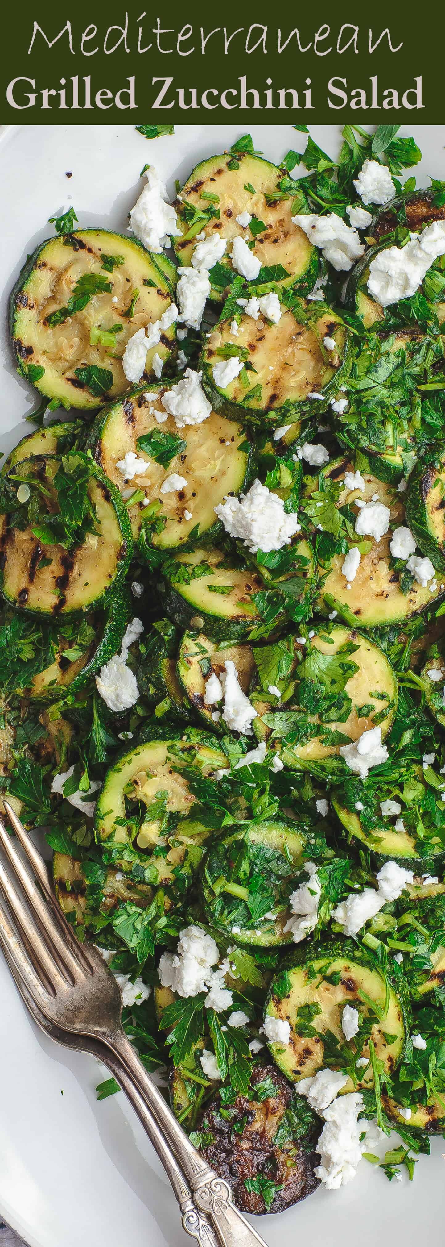 Mediterranean Style Grilled Zucchini Salad | The Mediterranean Dish. Simple, flavor-packed grilled zucchini with fresh herbs and other Mediterranean favorites. Ready in 15 minutes. Recipe from TheMediterraneanDish.com #zucchini #mediterraneandiet #meditrerraneansalad #zucchinirecipe #healthyrecipes #lowcarb #vegetarianrecipes #easyrecipes