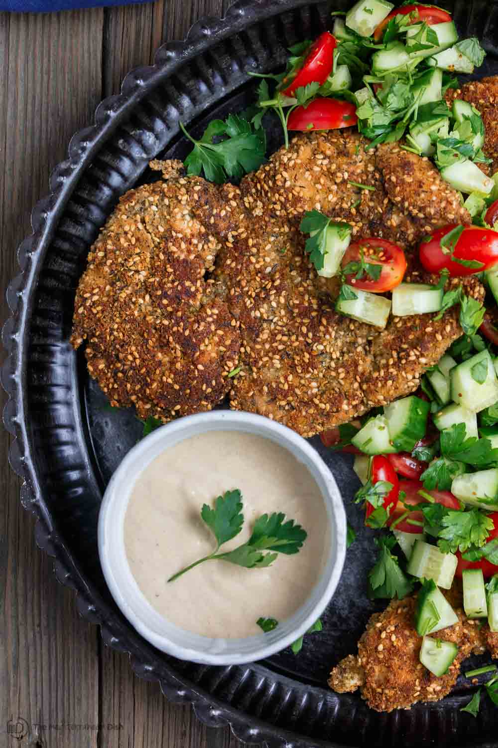 Close-up of Za'atar Breaded Chicken ready to be served