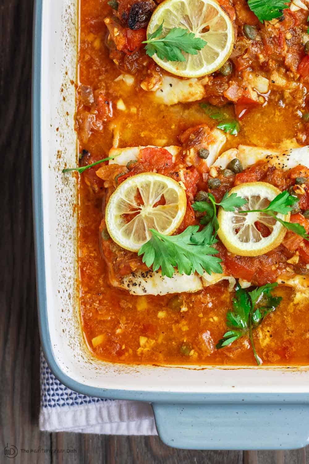 Mediterranean Baked Fish with Tomato, Capers, and Lemon 