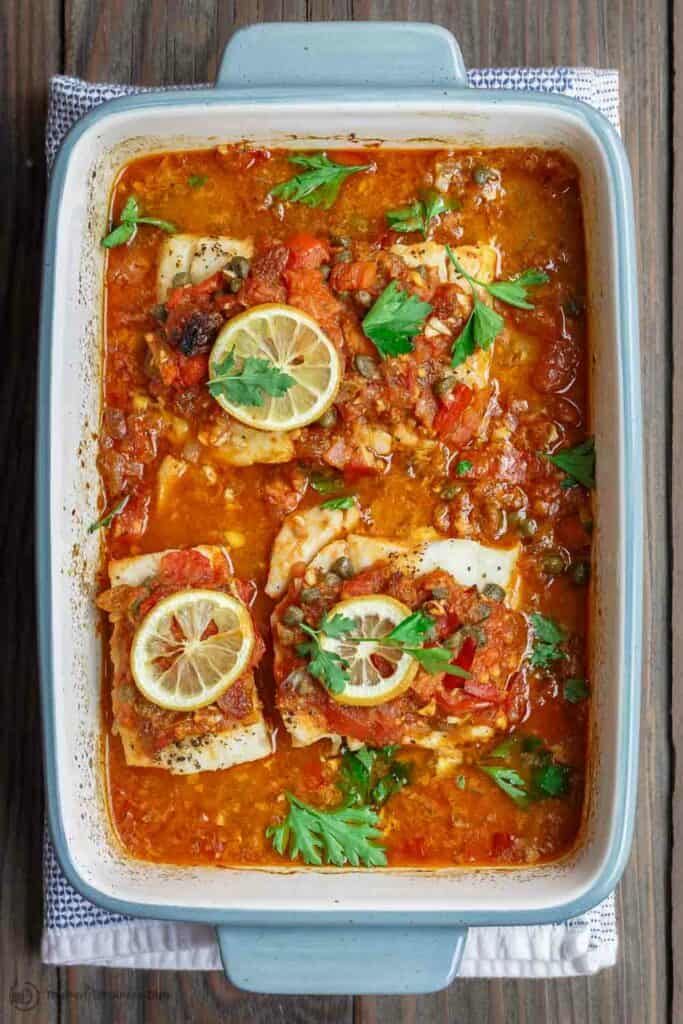 Mediterranean Baked Fish Recipe with Tomatoes and Capers (Video)