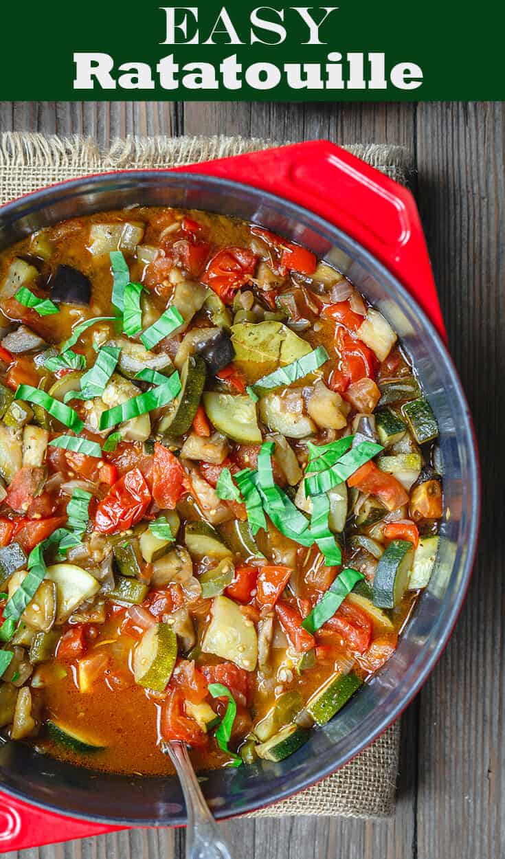 Easy Ratatouille Recipe | The Mediterranean Dish. A simple, hearty, and flavor packed ratatouille made in just one pot. Recipe comes with tips for best ratatouille, how to serve ratatouille and more. The perfect weeknight meal from themediterraneandish.com. #ratatouille #easyrecipe #mediterraneandiet #mediterraneanrecipe #vegan #veganrecipes #vegetarian #vegetarianrecipes #stew #zucchinirecipes #eggplantrecipes #glutenfree #glutenfreerecipes