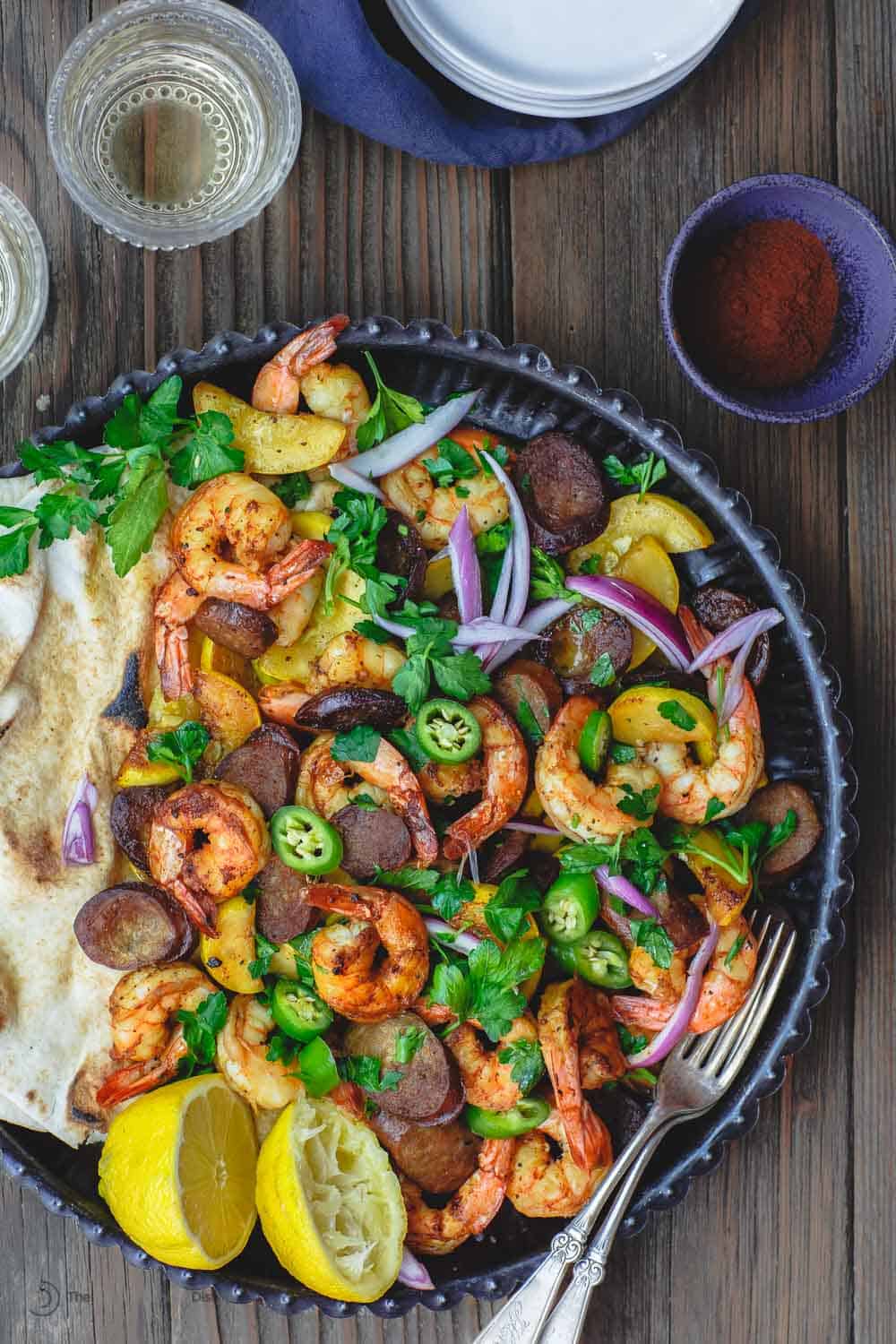 One-Pan Shrimp with Spanish Chorizo and Corn - Serving Dumplings