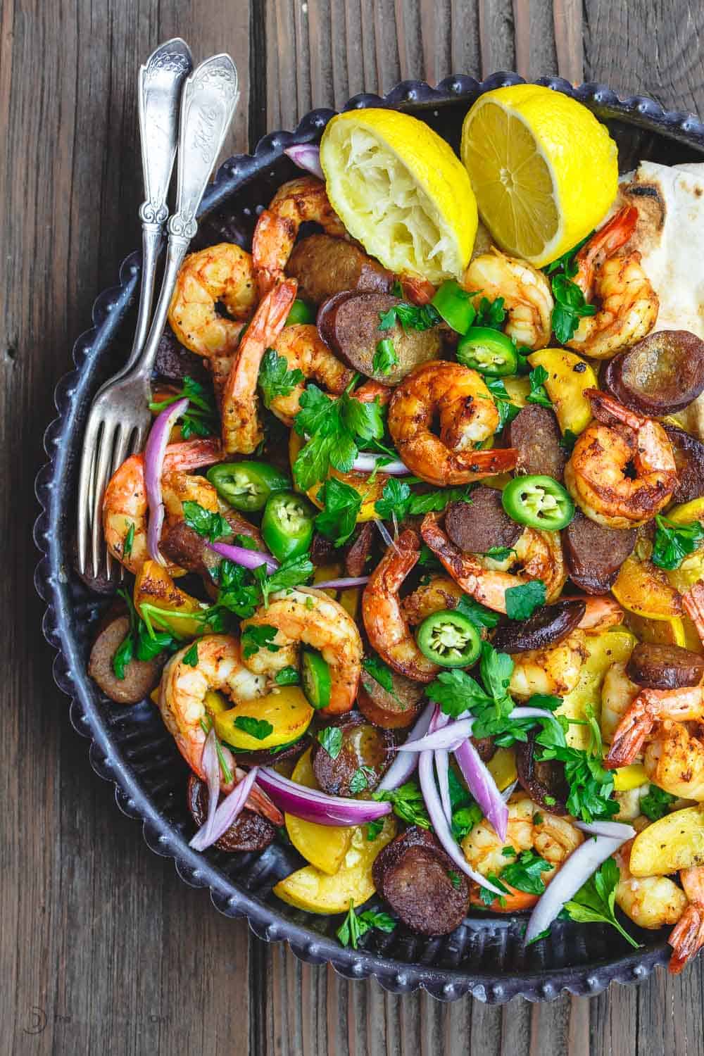 Plate of Shrimp with Chorizo and Squash ready to be served