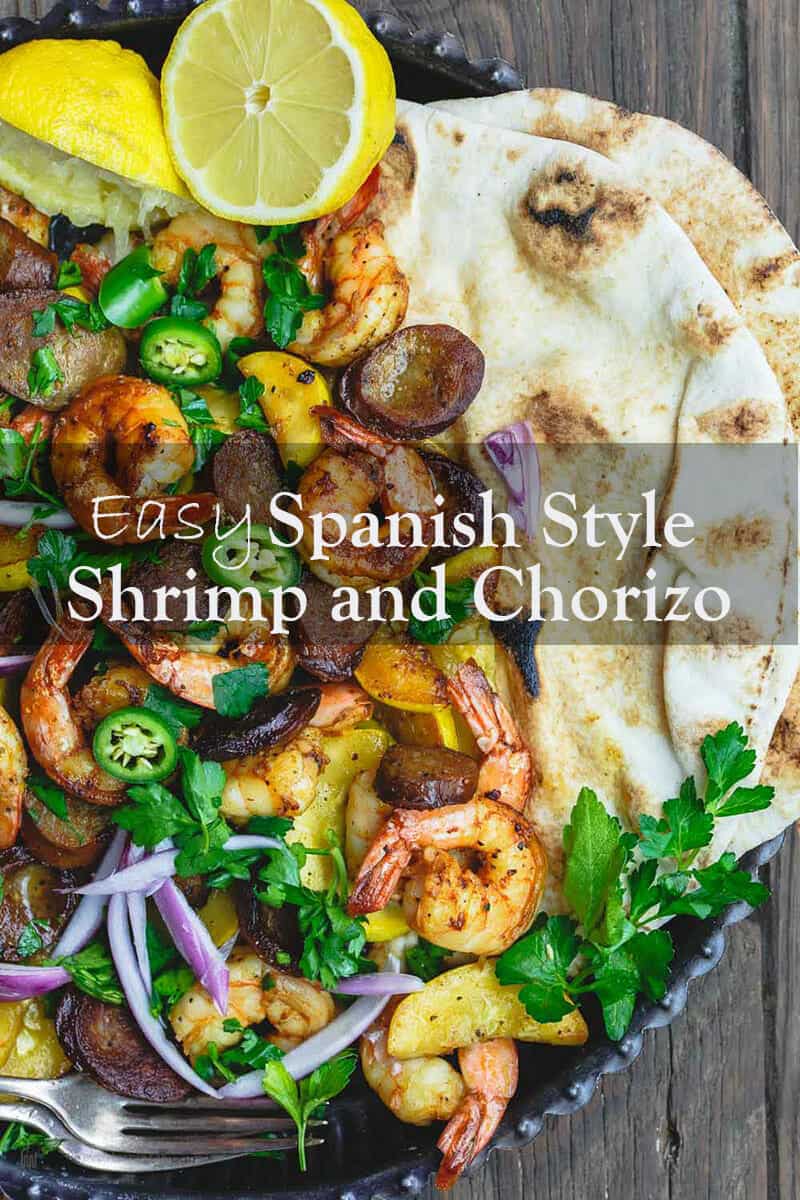 Skillet Shrimp Recipe with Chorizo and Squash | The Mediterranean Dish. Easy recipe for Spanish inspired skillet shrimp with flavors like smoked paprika and cumin. We add Spanish Chorizo and summer squash to complete the feast! Cooks in 20 minutes! From TheMediterraneanDish.com