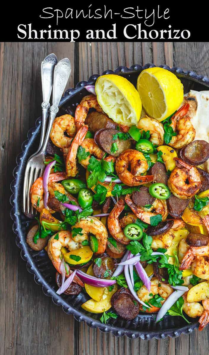 Skillet Shrimp Recipe with Chorizo and Squash | The Mediterranean Dish. Easy recipe for Spanish inspired skillet shrimp with flavors like smoked paprika and cumin. We add Spanish Chorizo and summer squash to complete the feast! Cooks in 20 minutes! From TheMediterraneanDish.com