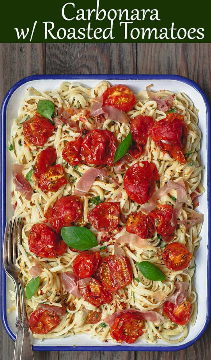 Carbonara Recipe with Roasted Tomatoes | The Mediterranean Dish. A lighter, and flavor-packed cabornara recipes with garlic roasted tomatoes and fresh herbs. You can add ribbons of prosciutto, if you like. A couple of tricks make a perfectly creamy carbonara. Recipe from themediterraneandish.com #pasta #pastarecipe #italianfood #mediterraneandiet #carbonara #easyrecipe