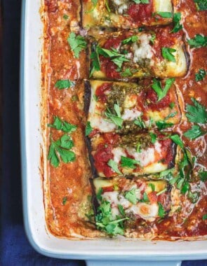 Eggplant rollatini in casserole dish