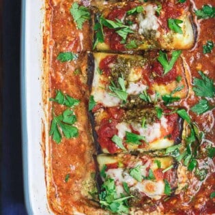 Eggplant rollatini in casserole dish