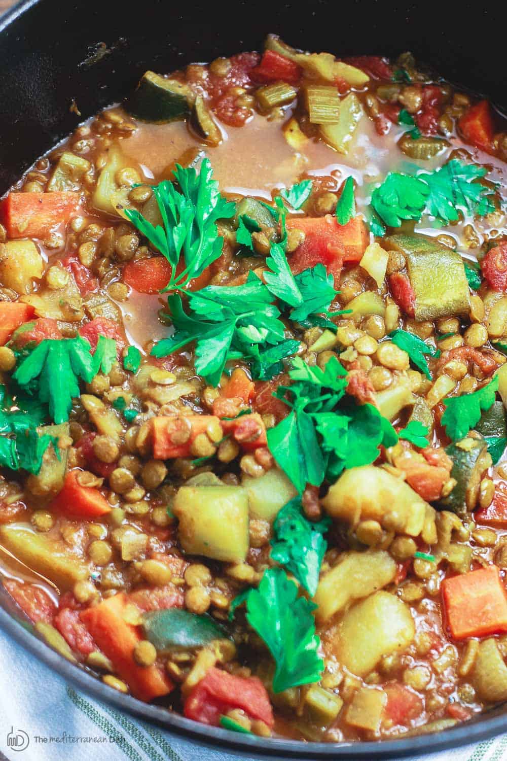 Chunky Vegan Lentil Soup Recipe | The Mediterranean Dish. Mediterranean style lentil soup with vegetables, warm spices, and fresh herbs. Anything but an ordinary lentil soup. Try this heart-warming, nutrition packed soup, and you'll be coming for more. Recipe via TheMediterraneanDish.com