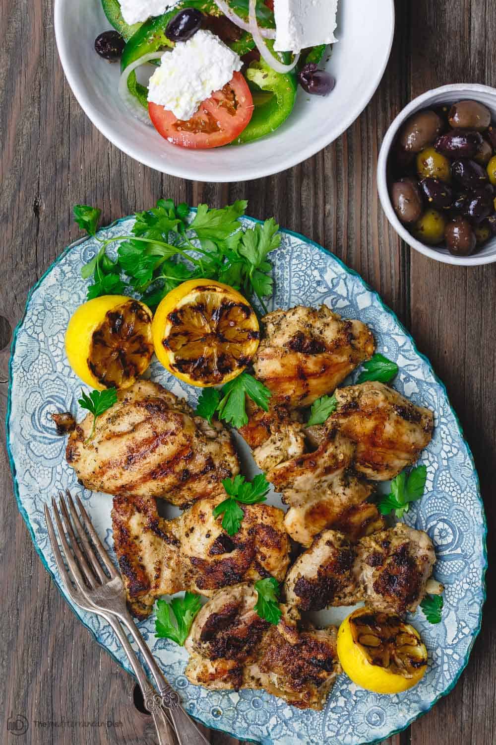 Lemon Chicken, Greek Salad and a side of olives 