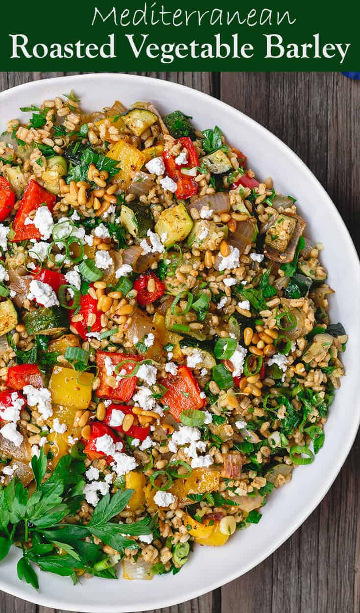 Mediterranean Roasted Vegetable Barley Recipe | The Mediterranean Dish. Easy, satisfying vegetarian barley recipe, prepared Mediterranean style. Tons of flavor from fresh herbs, spices and a simple zesty dressing. Perfect for meal prep. Recipe from TheMediterraneandish.com #barley #barleysalad #roastedvegetables #mediterraneandiet #mediterraneanfood