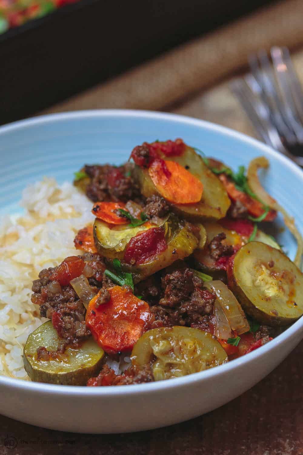 Baked Mediterranean Zucchini Casserole Served with Rice