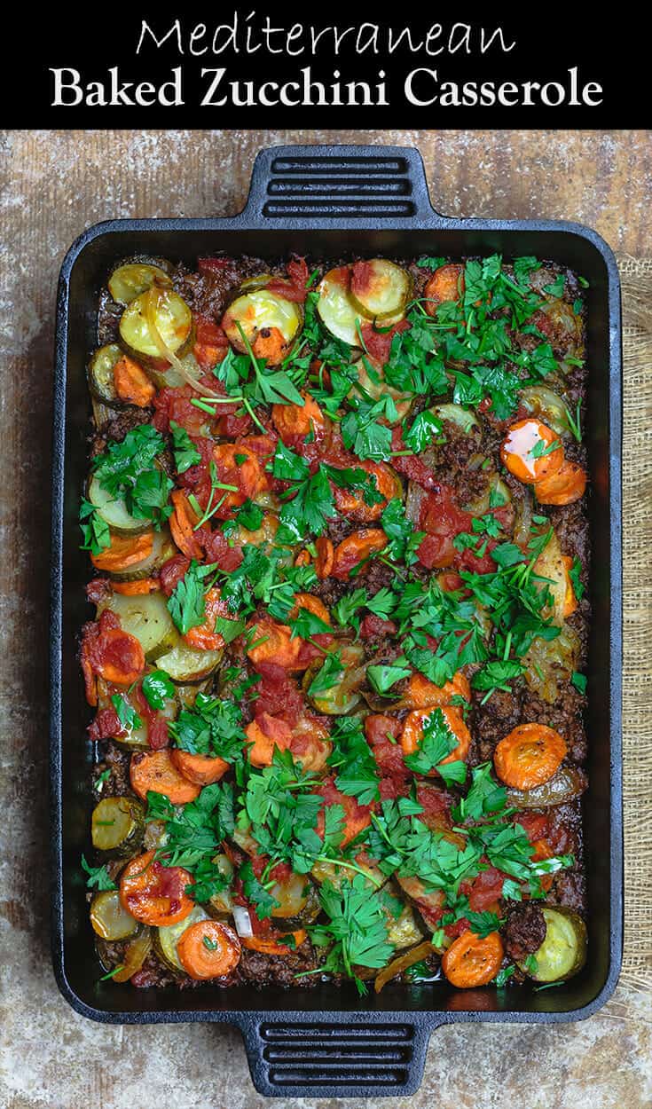 Mediterranean Style Zucchini Casserole | The Mediterranean Dish. Low carb zucchini casseroles with layers of zucchini, carrots, onions and a perfectly spiced meat sauce. Aromatics, warm Mediterranean spices, and fresh herbs make all the difference. See the full recipe on themediterraneandish.com #mediterraneandiet #zucchini #casserole #lowcarb #keto