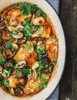 Wine Braised Chicken Thighs with a Mediterranean Rosemary spice rub, mushrooms, and shallots