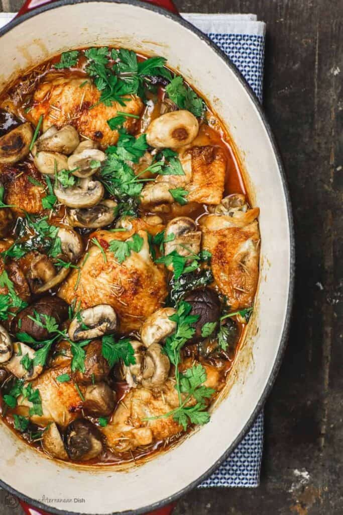 WineBraised Chicken Thighs with Shallots and Mushrooms (Video)