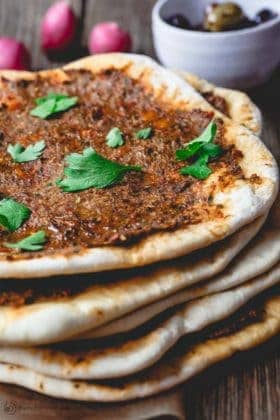 Turkish Lahmacun (Lahmajoun). Turkish flatbread with meat topping.