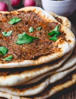 Turkish Lahmacun (Lahmajoun). Turkish flatbread with meat topping.