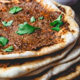 Turkish Lahmacun (Lahmajoun). Turkish flatbread with meat topping.