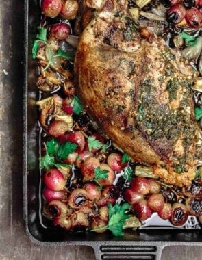Garlic Herb Roast Turkey Breast with Roasted Grapes, Celery and Shallots