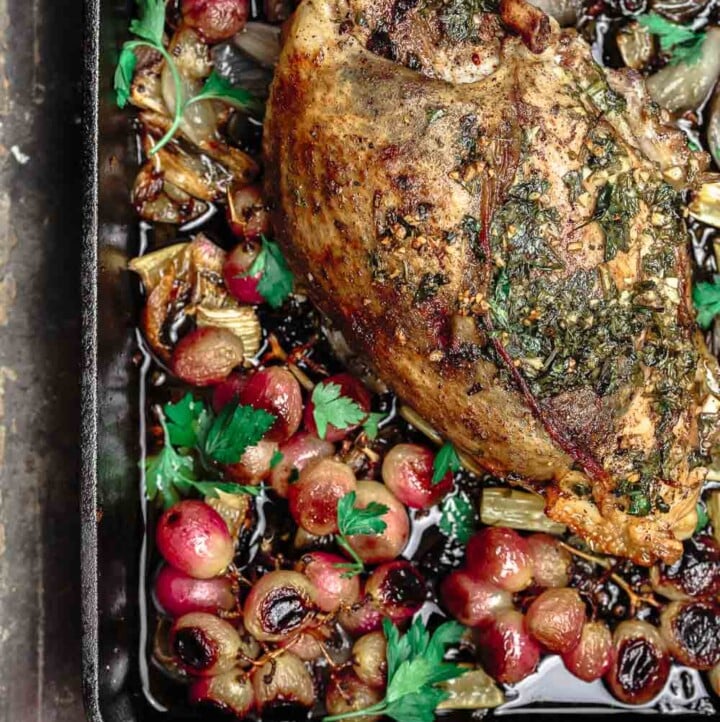 Garlic Herb Roast Turkey Breast with Roasted Grapes, Celery and Shallots