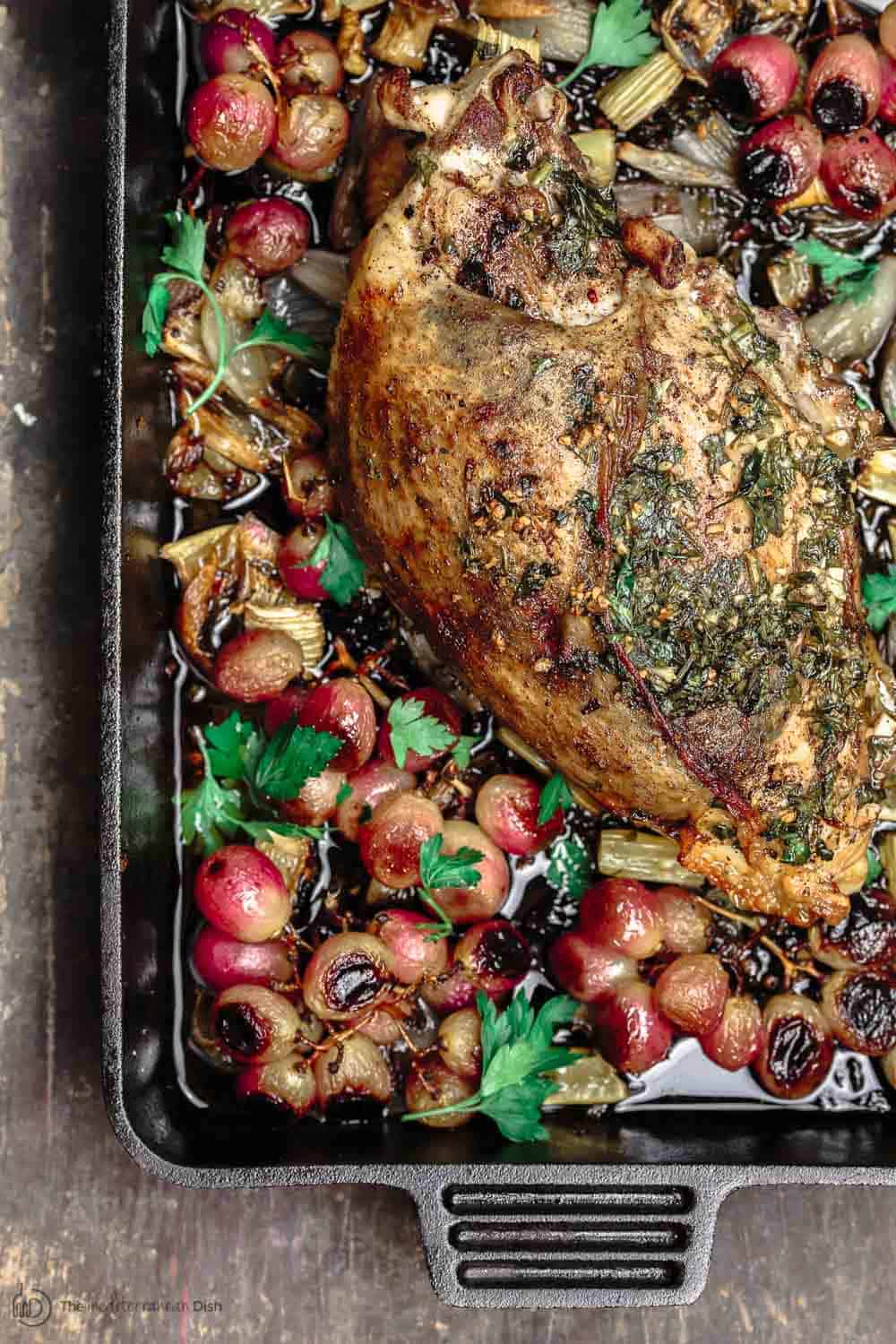 Garlic Herb Roast Turkey Breast with Roasted Grapes, Celery and Shallots