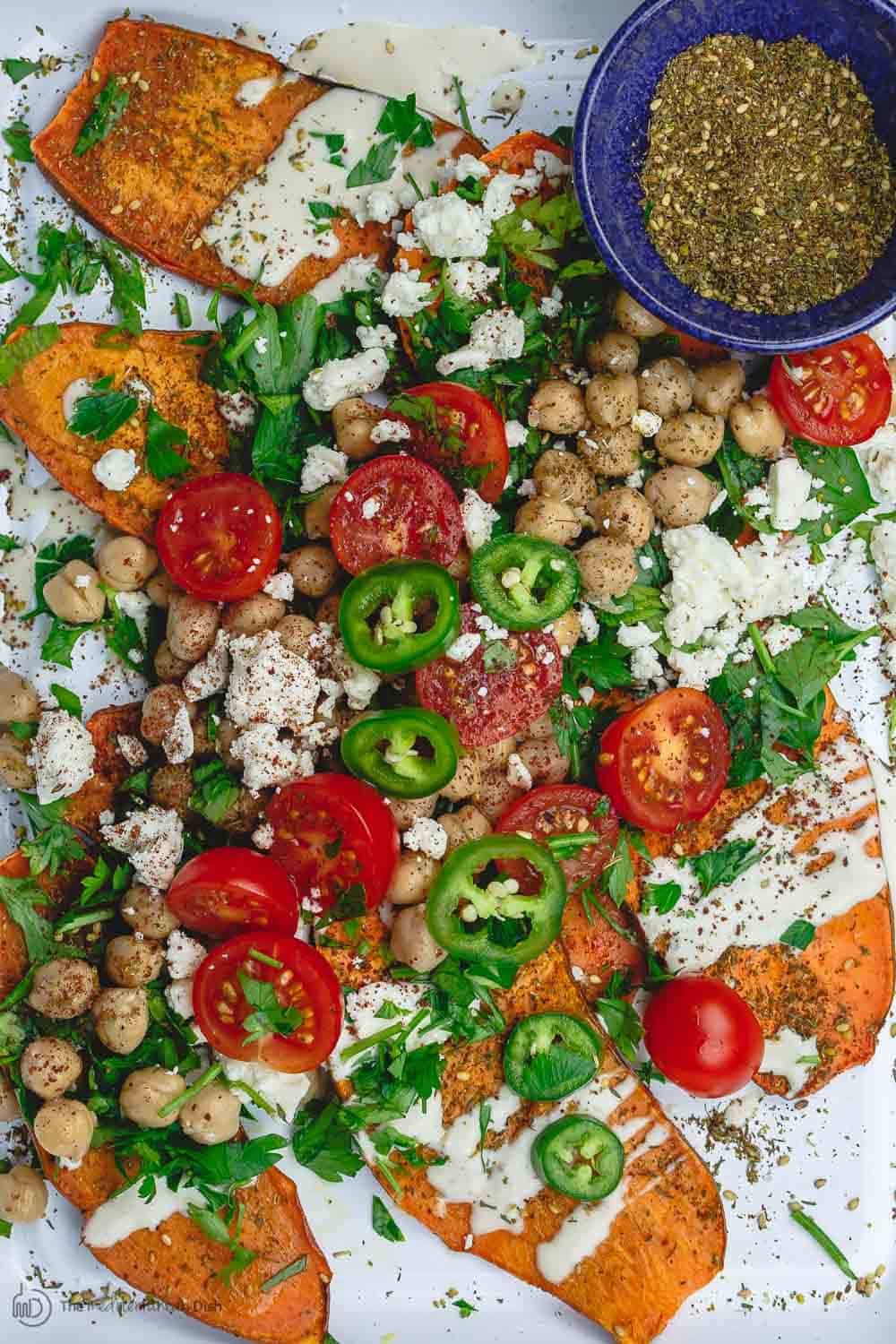 Sweet Potato Toast Topped with Mediterranean Toppings