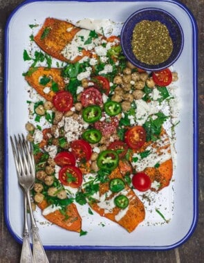 Sweet Potato Toast with za'atar spice and Mediterranean toppings