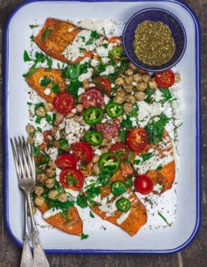 Sweet Potato Toast with za'atar spice and Mediterranean toppings