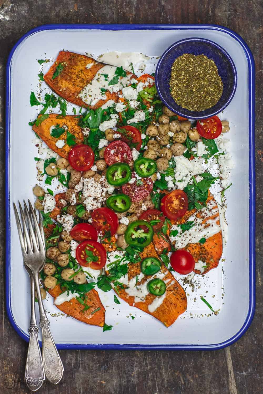 Sweet Potato Toast with za'atar spice and Mediterranean toppings