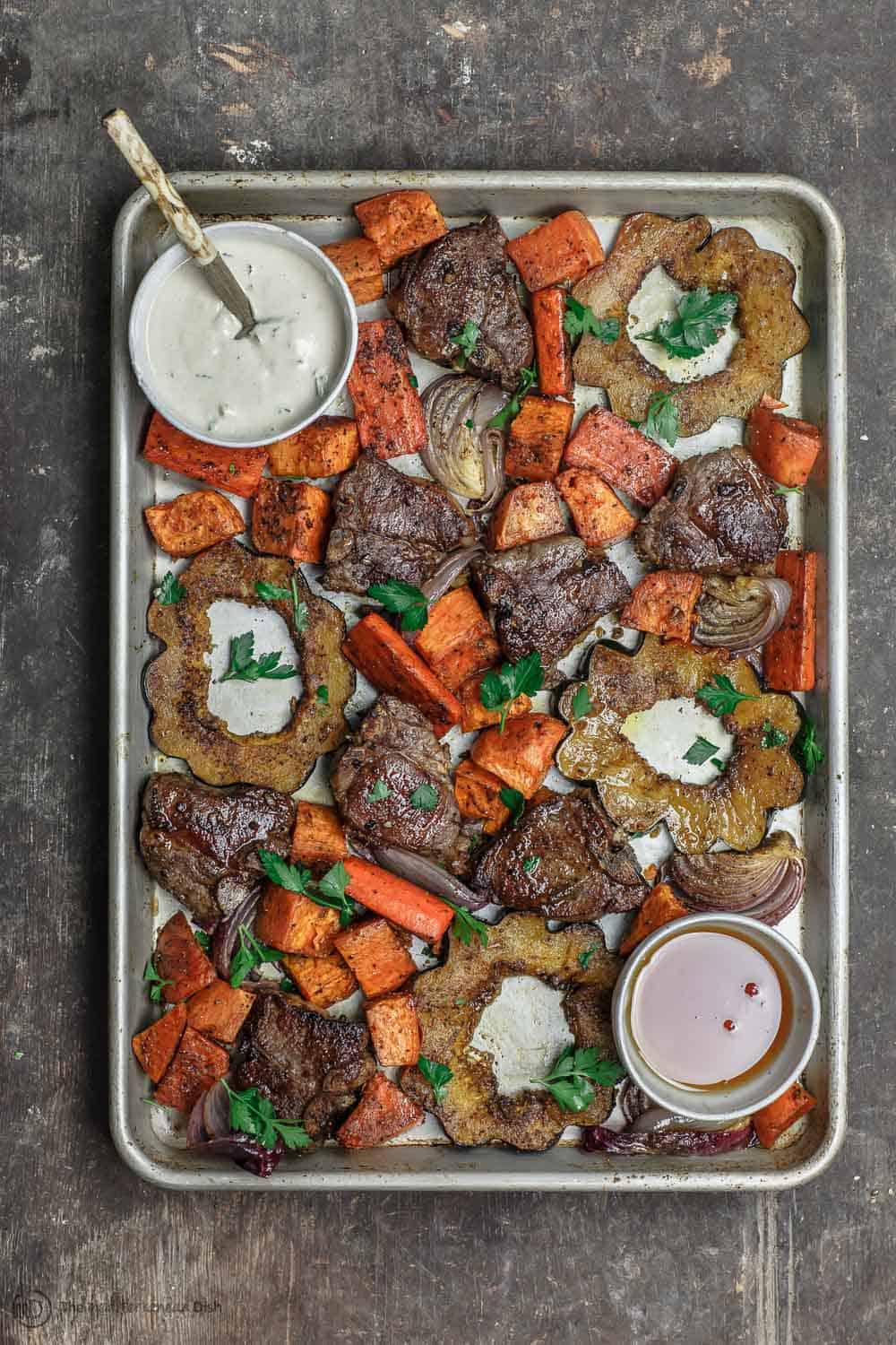 One Pan Mediterranean Baked Lamb Chops with Root Vegetables