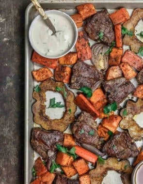 Baked Lamb Chops with Root Vegetables and Acorn Squash and Tahini Sauce