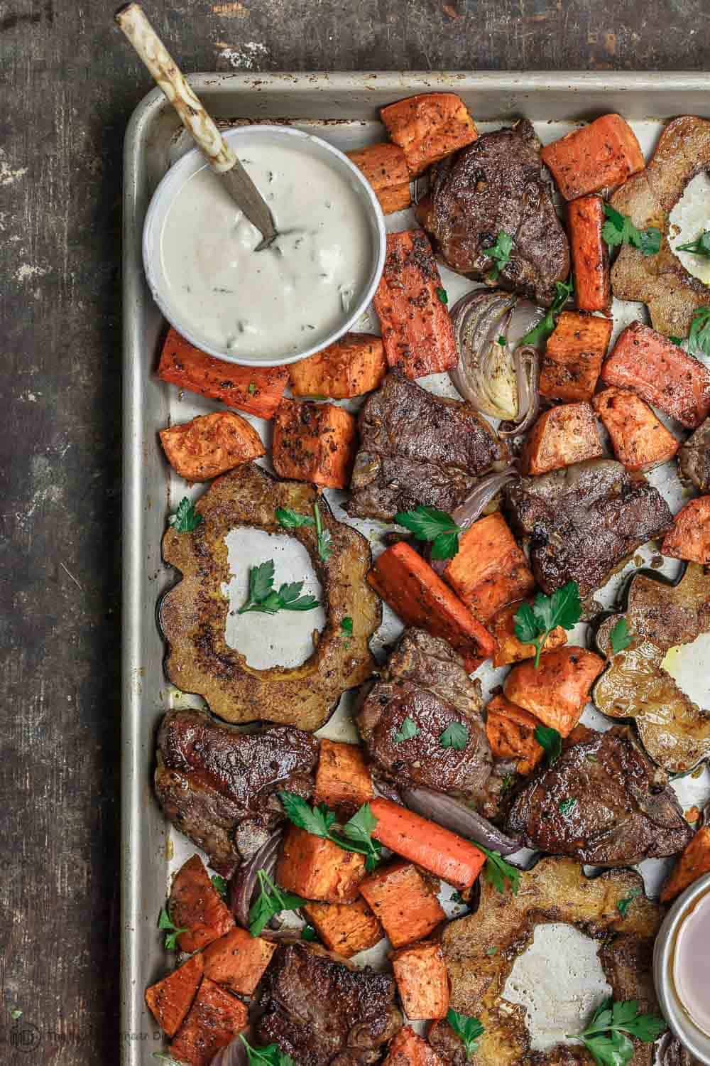 Baked Lamb Chops with Root Vegetables and Acorn Squash and Tahini Sauce